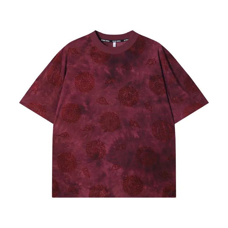 夏季高级感新款美式扎染晕染绒面印花圆领短袖T恤百搭潮流上衣