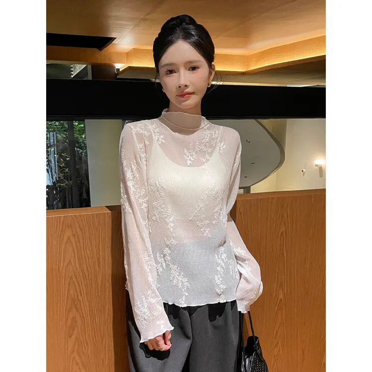 网纱白色打底衫女2025新款薄款秋季刺绣长袖t恤外穿内搭上衣性感