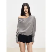 WITHMIN 长袖t恤女秋季新款宽松显瘦打底衫女露肩性感斜肩上衣服