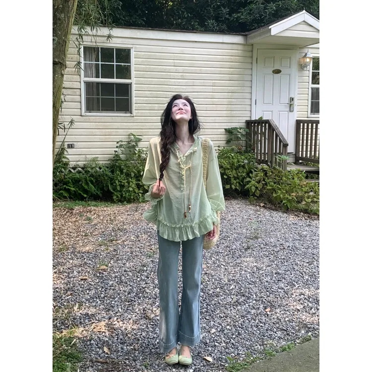 MARIE.COCO法式大码宽松女装早秋款木耳边褶皱长袖上衣直筒牛仔裤