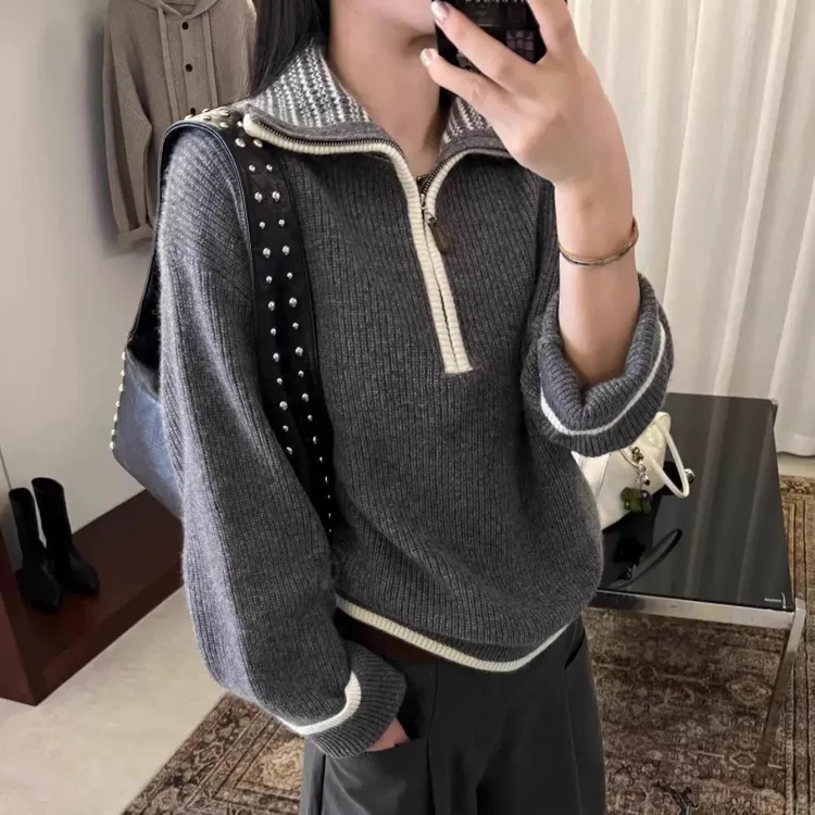 2025冬季大翻领撞色半拉链纯羊毛衫欧货厚款高领加厚秋冬毛衣