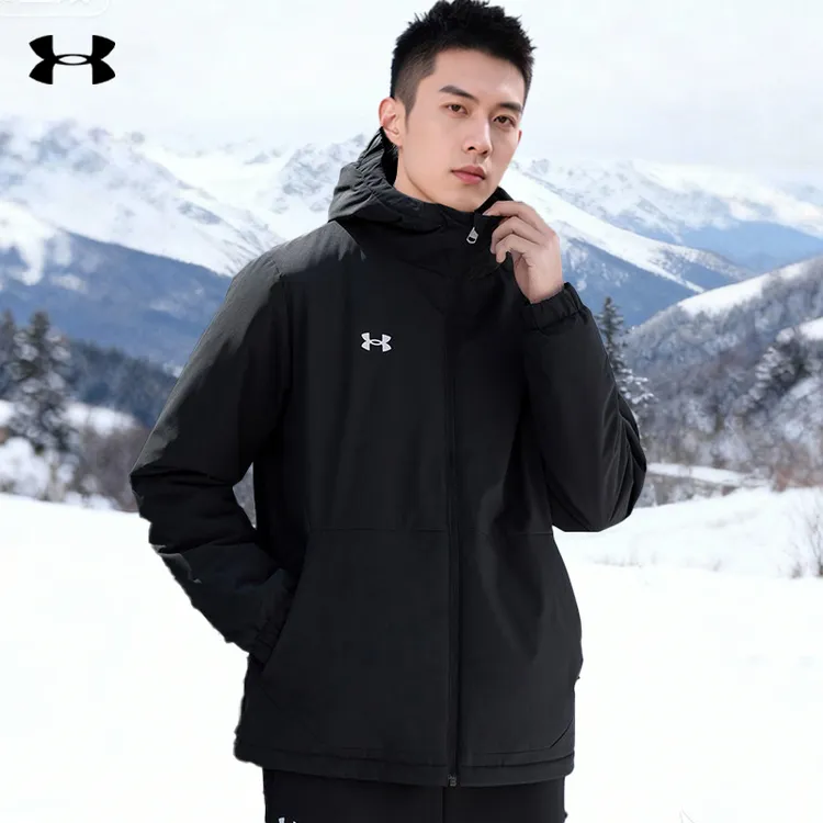 安德玛男士秋冬连帽棉服防寒保暖短款棉衣跑步运动暖感毛绒外套ZB