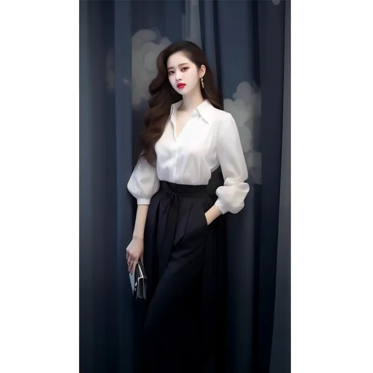 今年流行漂亮法式小众别致高级感白色长袖衬衫上衣裤子套装女春季