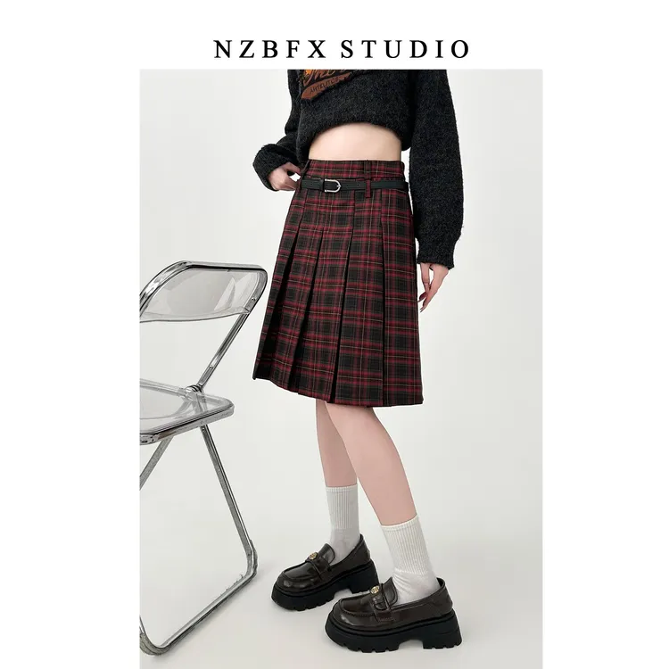 美式复古学院风格纹jk百褶格子半身裙女2025秋季大码胖mm红色中裙