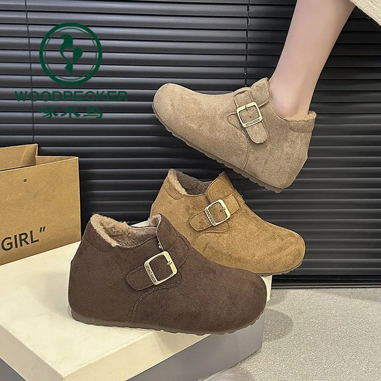 啄木鸟小个子增高2025秋冬新款复古加绒丑萌勃肯鞋女厚底懒人棉鞋