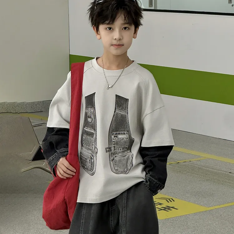 儿童卫衣秋款假两件长袖上衣2025新款洋气韩版男童中大童打底衫潮