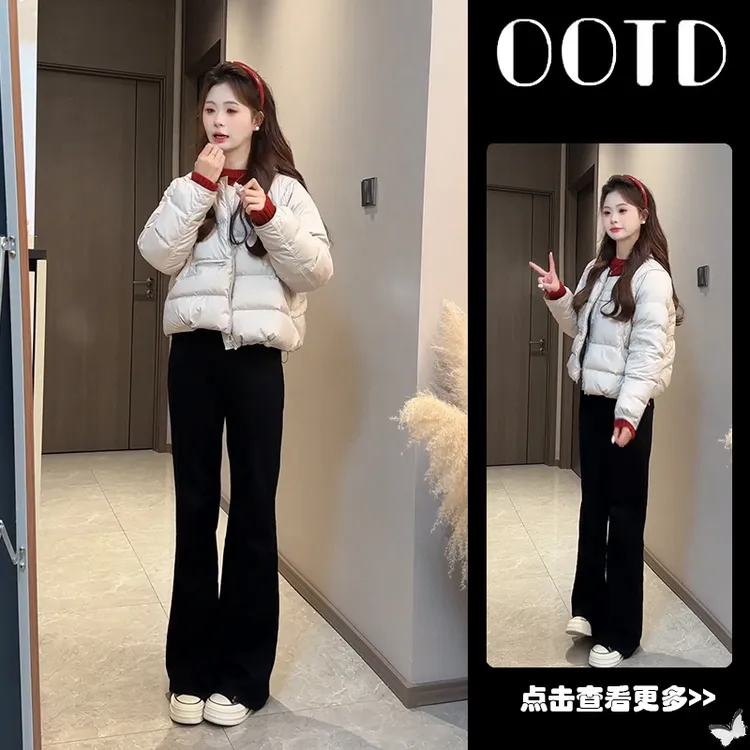 超火秋季穿搭一整套女2025新款圆领棉服外套针织衫休闲裤三件套