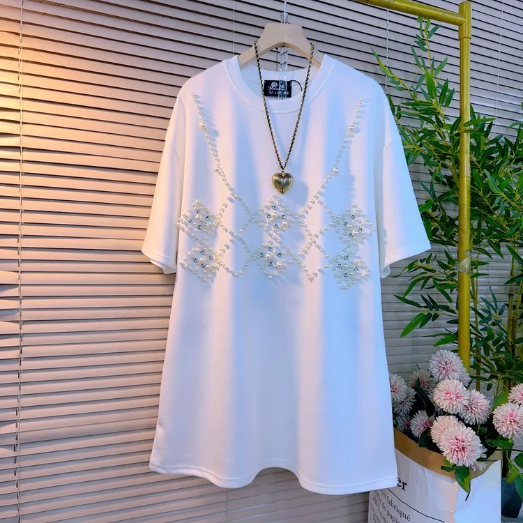 2025春季新款胖妹妹时尚休闲百搭中长款设计感重工订珠遮肉百搭衫