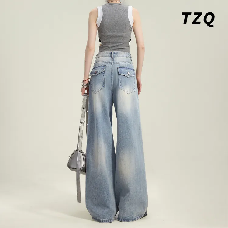 复古水洗阔腿牛仔裤女2025春季新款百搭做旧宽松拖地裤TZQ2521105