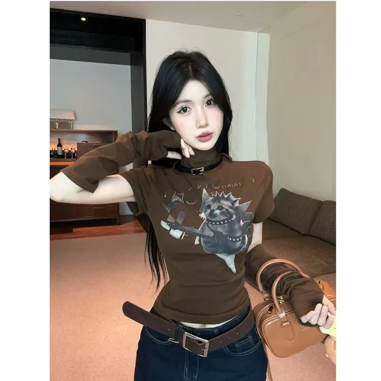 辣妹风甜酷摇滚小猫带袖套带围脖皮带设计感上衣女配显瘦休闲裤
