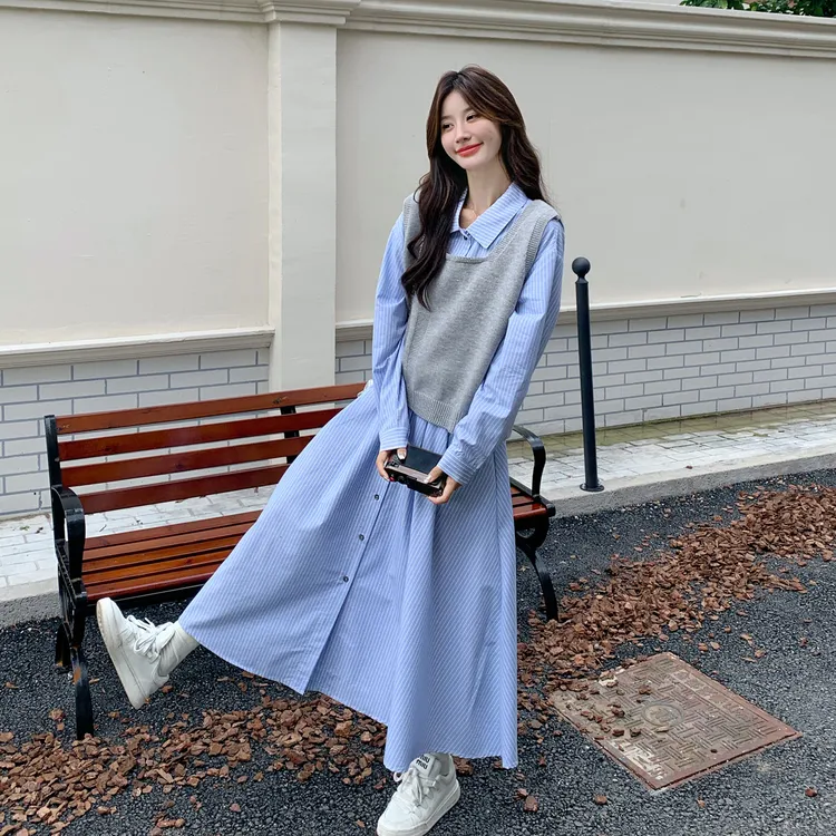 清冷系文艺风马甲蓝色条纹衬衫裙套装女2025秋季新款设计感两件套