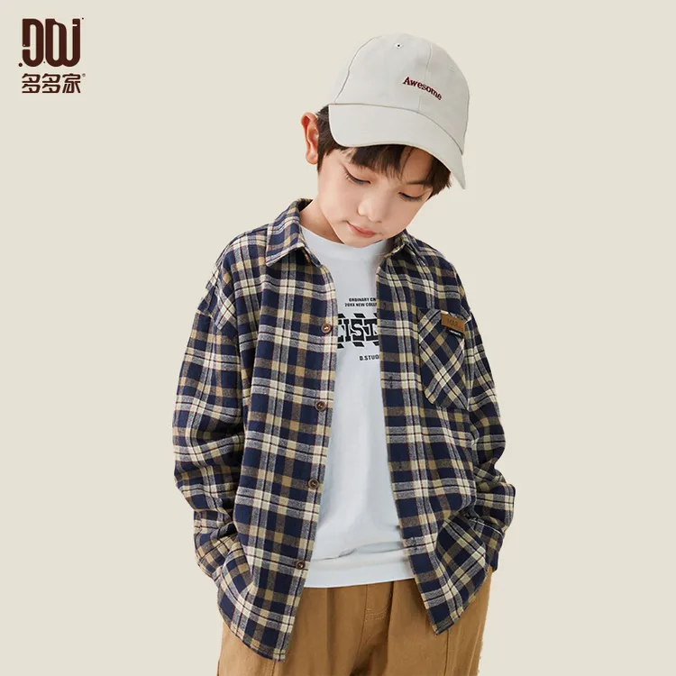 多多家8024【100棉.复古男生.格纹厚衬衫】中大童春秋日潮格子衬衫