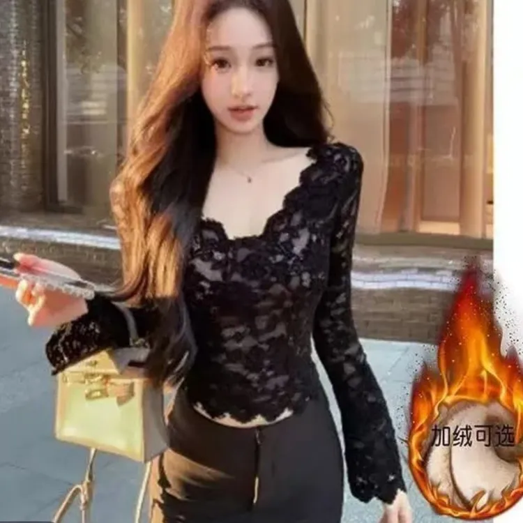 1053#【衣长52】秋冬纯欲辣妹性感显胸V领修身加绒蕾丝打底衫