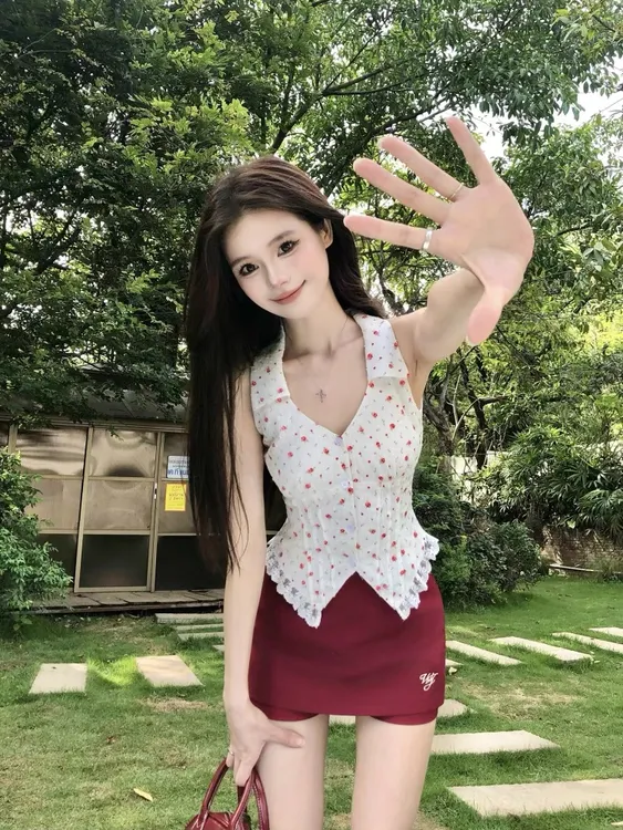 2025夏季新款时尚碎花设计感辣妹白色挂脖蕾丝上衣半身裙两件套女