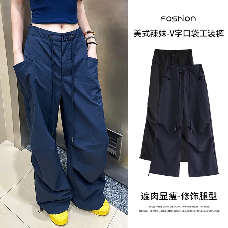 美式复古黑色工装裤女秋2025新款竖插口袋慵懒阔腿休闲速干运动裤