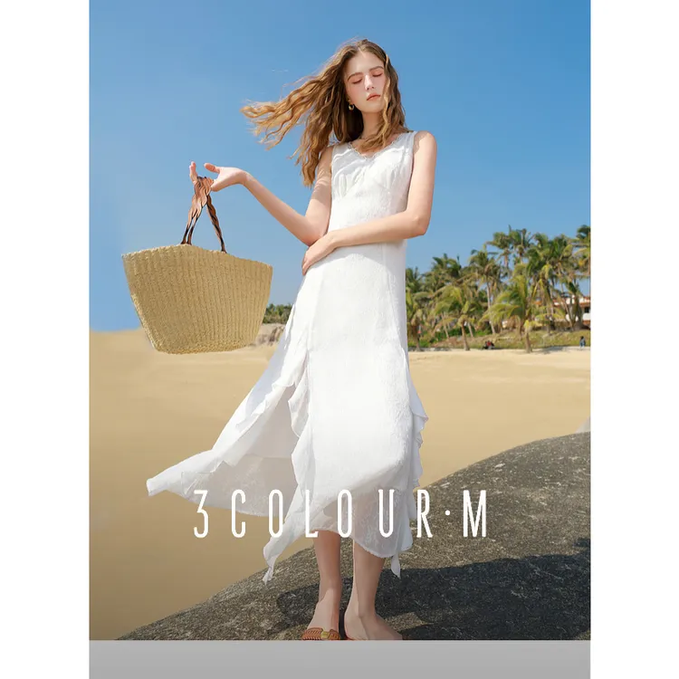 三彩2025夏季新款蕾丝边V领背心小白裙连衣长裙木耳边开叉女M
