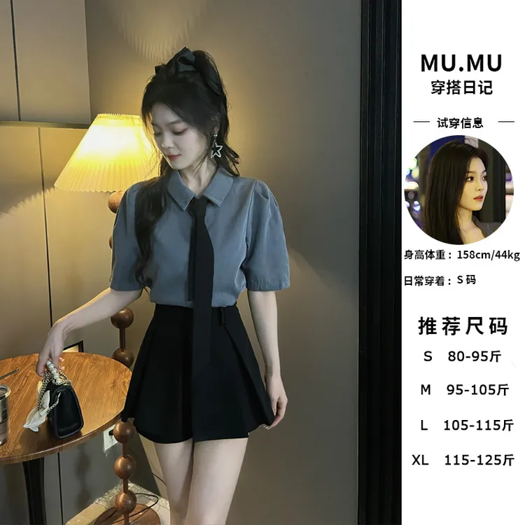 学院风洋气宽松简约休闲短袖polo领配领带泡泡袖短款衬衫上衣女夏