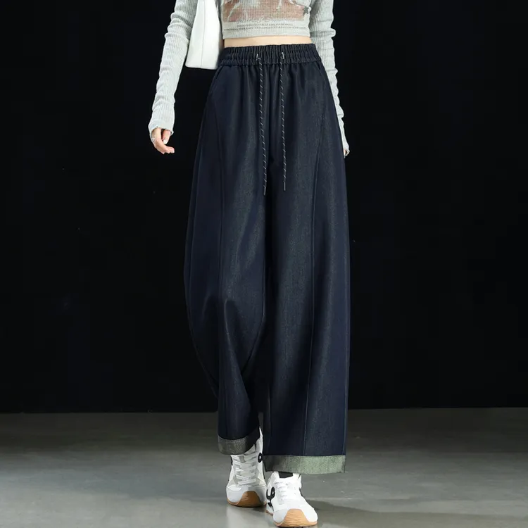 不掉色直筒牛仔裤女春秋2025新款撞色卷边休闲阔腿裤垂感九分裤子