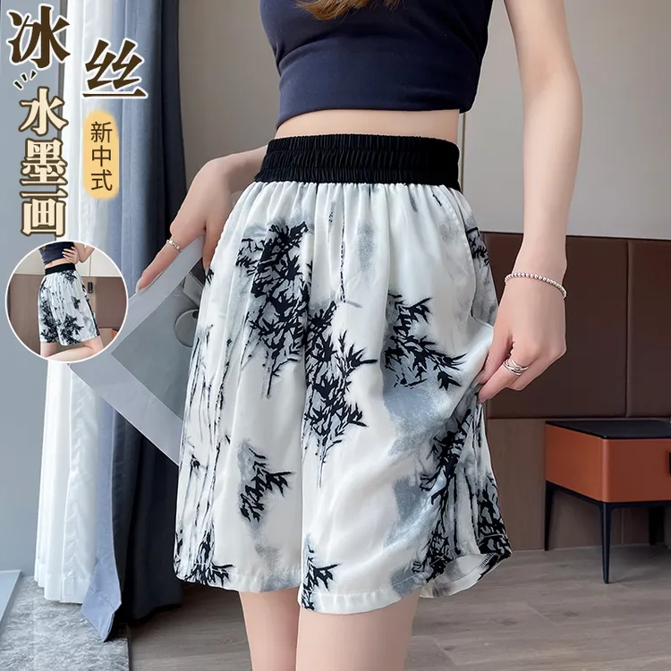 国风新中式水墨画冰丝短裤女夏季薄款凉凉裤子夏天外穿阔腿五分裤