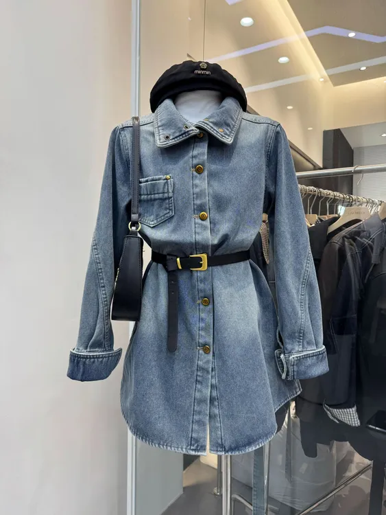 美式小众立领加绒牛仔外套时尚百搭宽松显瘦中长款衬衫加绒通勤女