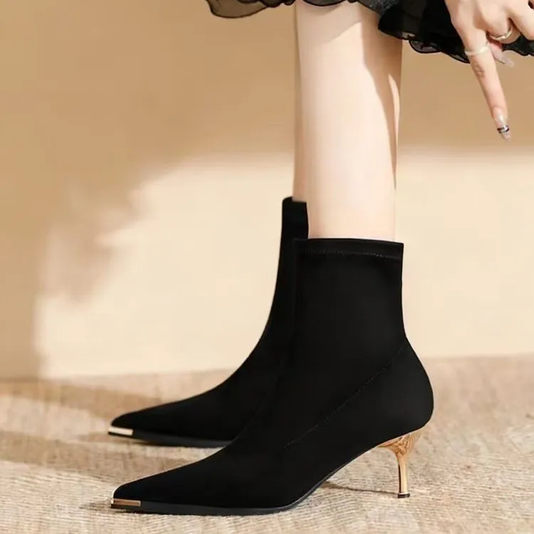 气质高跟金属尖头法式高级感秋冬新款短靴女细跟瘦瘦靴弹力袜靴