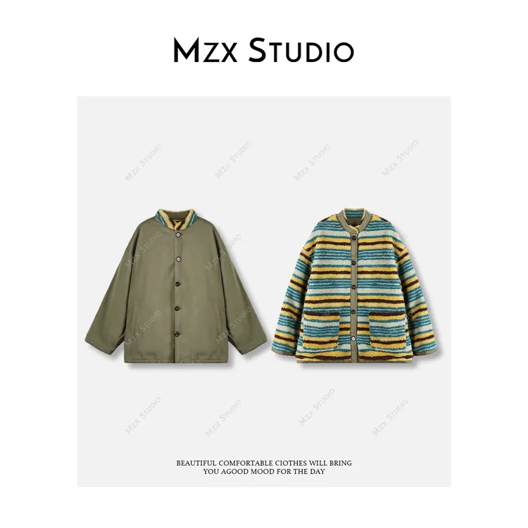 MZX全棉质感双面穿撞色条纹摇粒绒立领宽松外套冬季WT11181-C
