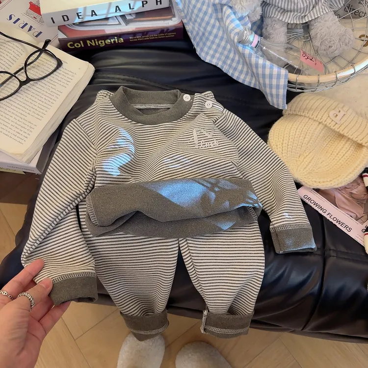 儿童羊毛蚕丝保暖内衣套装男童条纹德绒秋衣秋裤女童家居服两件套