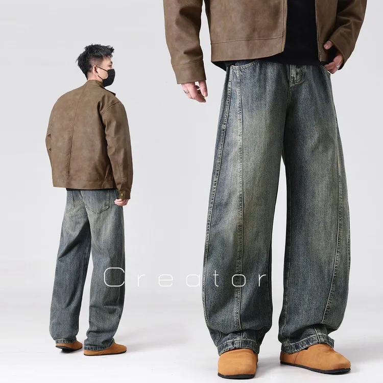 美式复古做旧擦色明线弯刀牛仔裤男女新款宽松直筒水洗休闲裤子