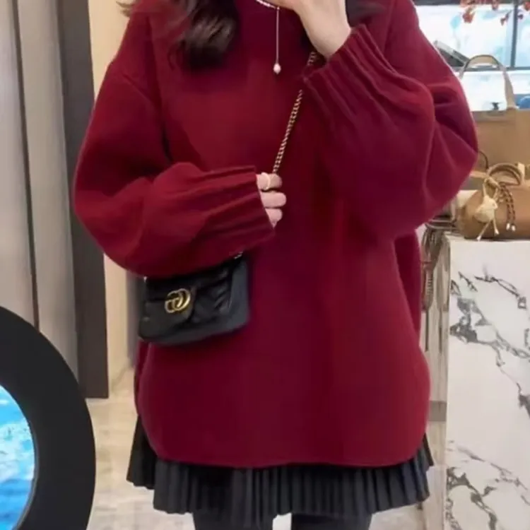 新年红色褶皱长袖圆领毛衣女款2024新款冬季气质慵懒风温柔上衣女