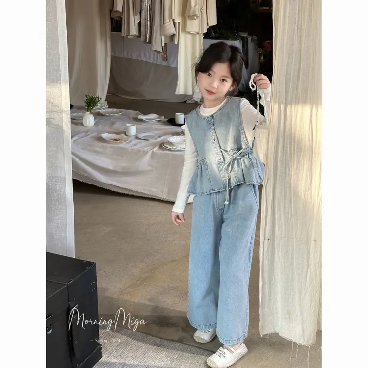 女童套装春装2025新款洋气儿童牛仔背心马甲韩版女孩阔腿裤三件套