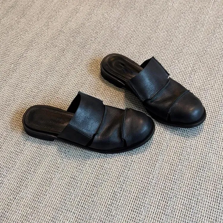 高级感！包头拖鞋女夏外穿防滑静音黑色圆头镂空一脚蹬低跟罗马鞋