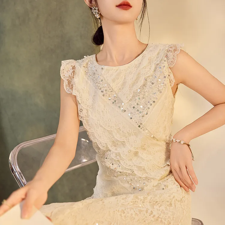 国风新款蕾丝钉珠时尚连衣裙女新中式飞飞袖圆领气质款长裙 N5005
