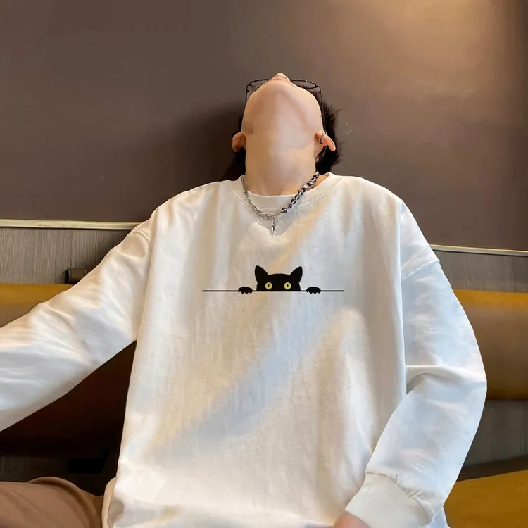 280g重磅纯棉束口长袖T恤男小黑猫咪圆领打底衫春秋潮牌宽松休闲