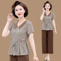 C61妈妈夏季洋气套装中老年人夏装女时尚新款雪纺T恤宽松两件套