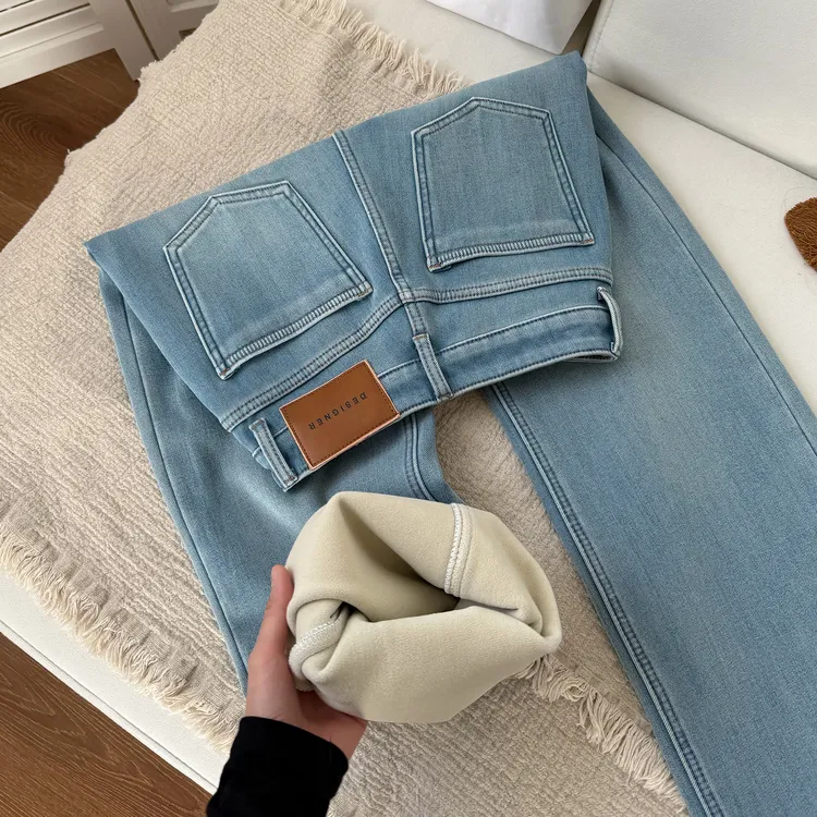 碧雪蓝加绒弹力窄版阔腿牛仔裤女2025冬季新款高腰百搭显瘦直筒裤