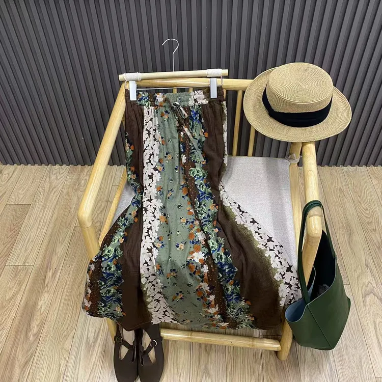 早秋拼色印花纯棉半身裙复古文艺宽松民族风中长款A字裙女Q25812
