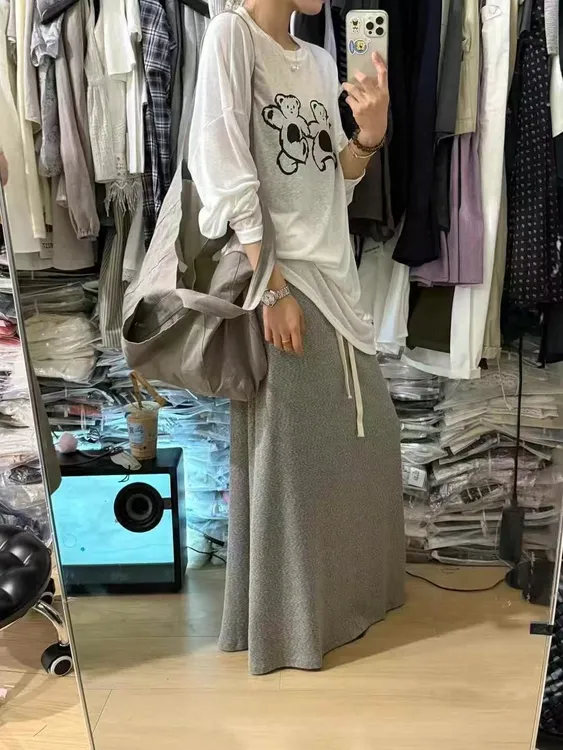 一键磨皮慵懒垂坠感抽绳夏季半身长裙套装