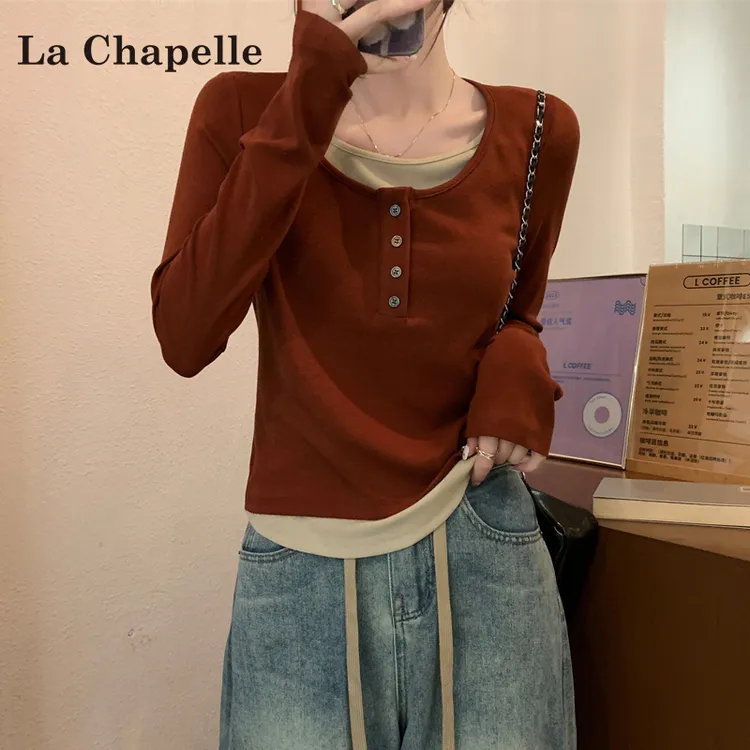 拉夏贝尔假两件辣妹长袖t恤女2025早秋季新款修身显瘦打底衫上衣
