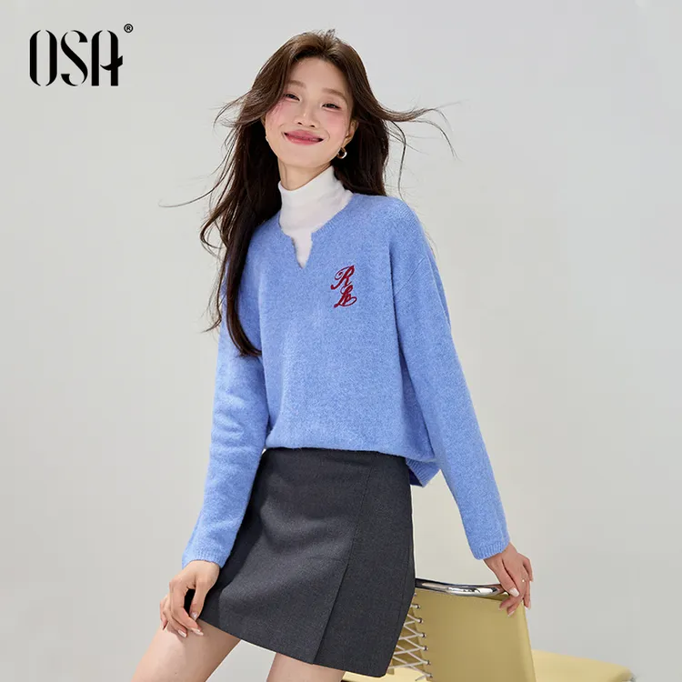 OSA/欧莎 蓝色针织衫长袖女百搭V领慵懒氛围感毛衫上衣S125C16062