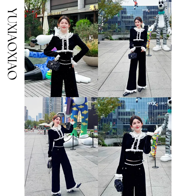余潇潇【黑曜千金】细闪丝绒拼接白色花边撞色收腰上衣&直筒裤套装