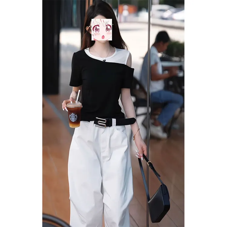 时尚夏季显瘦撞色露肩短袖T恤百搭宽松中裤子纯欲韩版穿搭一整套