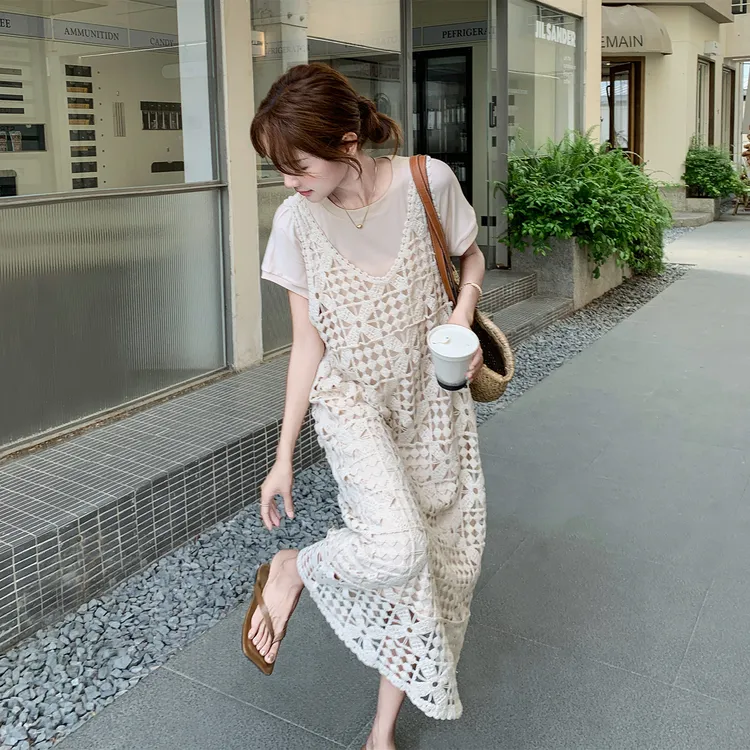 镂空针织罩衫长裙杏色t恤裙套装女2025夏季新款减龄洋气两件套
