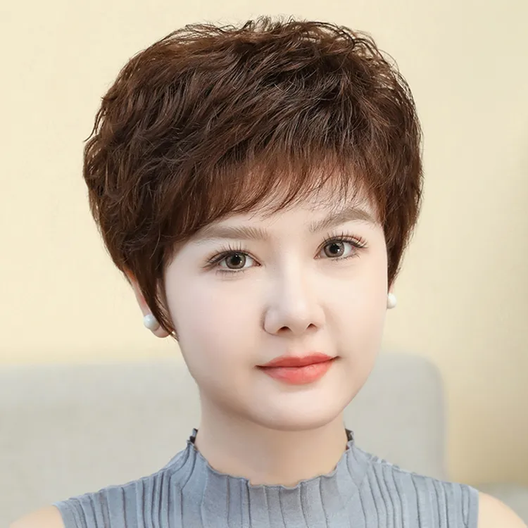 芙发女真人发丝假发套中老年假发女真发全真发自然短卷发全头套