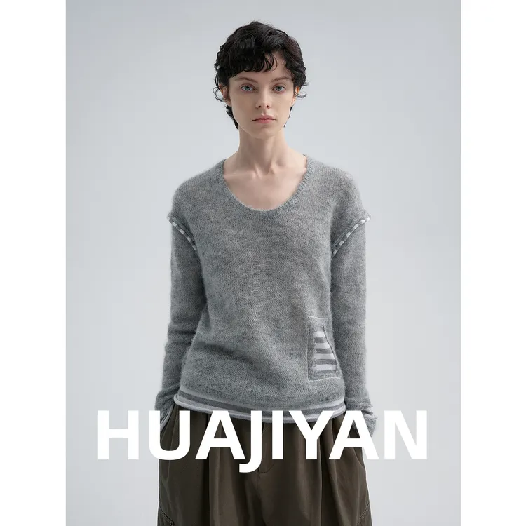 华吉言/HUAJIYAN【云际】羊驼毛绵羊毛混纺撞色拼接假两件U领毛衣
