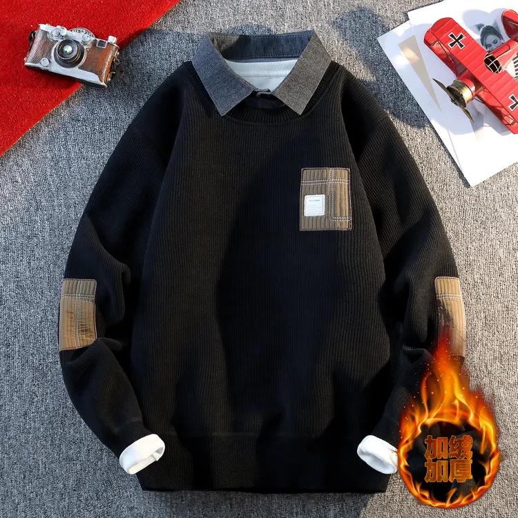 假两件毛衣男士秋冬季加厚保暖长袖针织衫休闲风衬衫领男装毛线衣