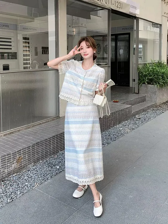 超好看蕾丝拼接小香风套装裙女2025夏季法式名媛气质半身裙两件套