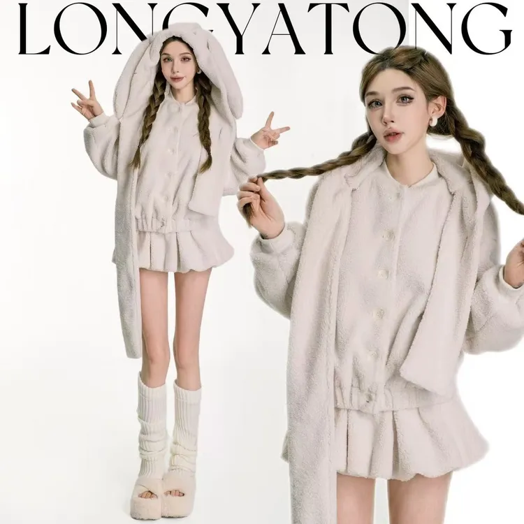 龙牙童推荐【沉睡兔 】秋冬少女感套装韩版复古夹棉毛绒连帽加厚