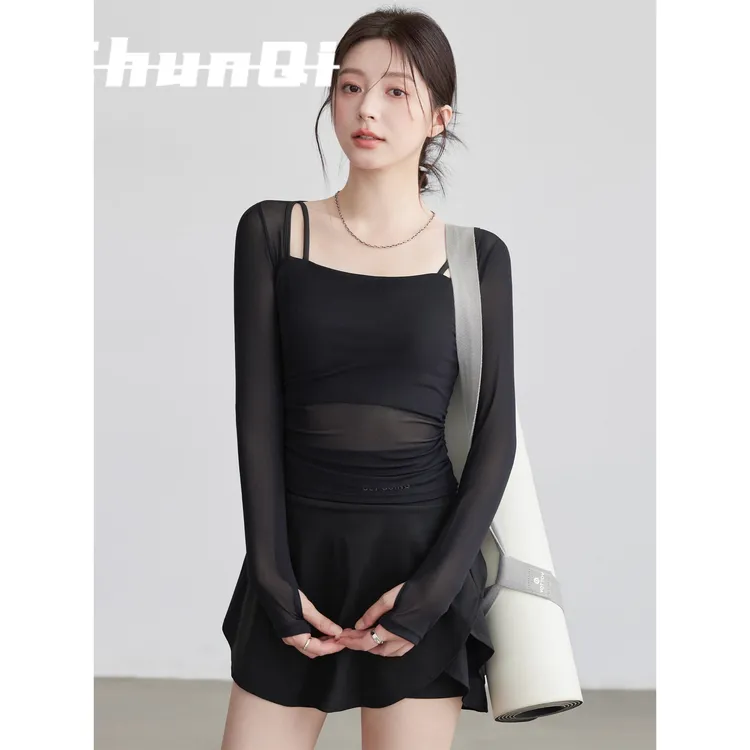 维多利亚瑜伽服网纱假两件健身服运动上衣带胸垫速干跑步外穿长袖