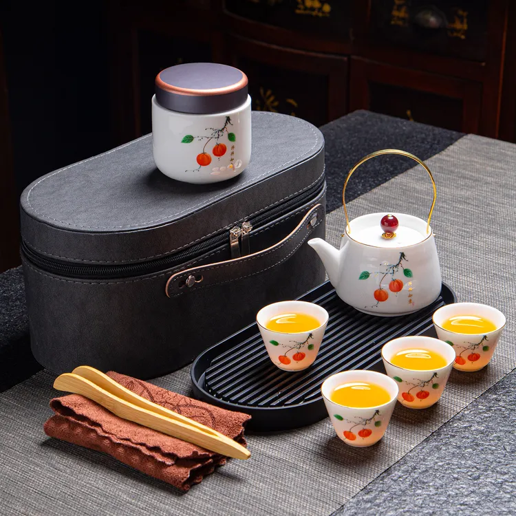 旅行茶具套装户外家用便携式陶瓷提梁壶柿柿如意车载露营泡茶旅游
