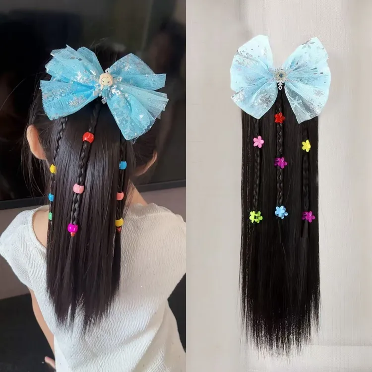 艾莎公主蝴蝶结直发35厘米串珠梅花辫子逼真儿童假发直发马尾辫